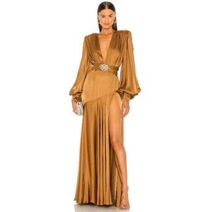 NWT Bronx and Banco Blouson-Sleeve Silk Carmen Dress in Gold Size 6